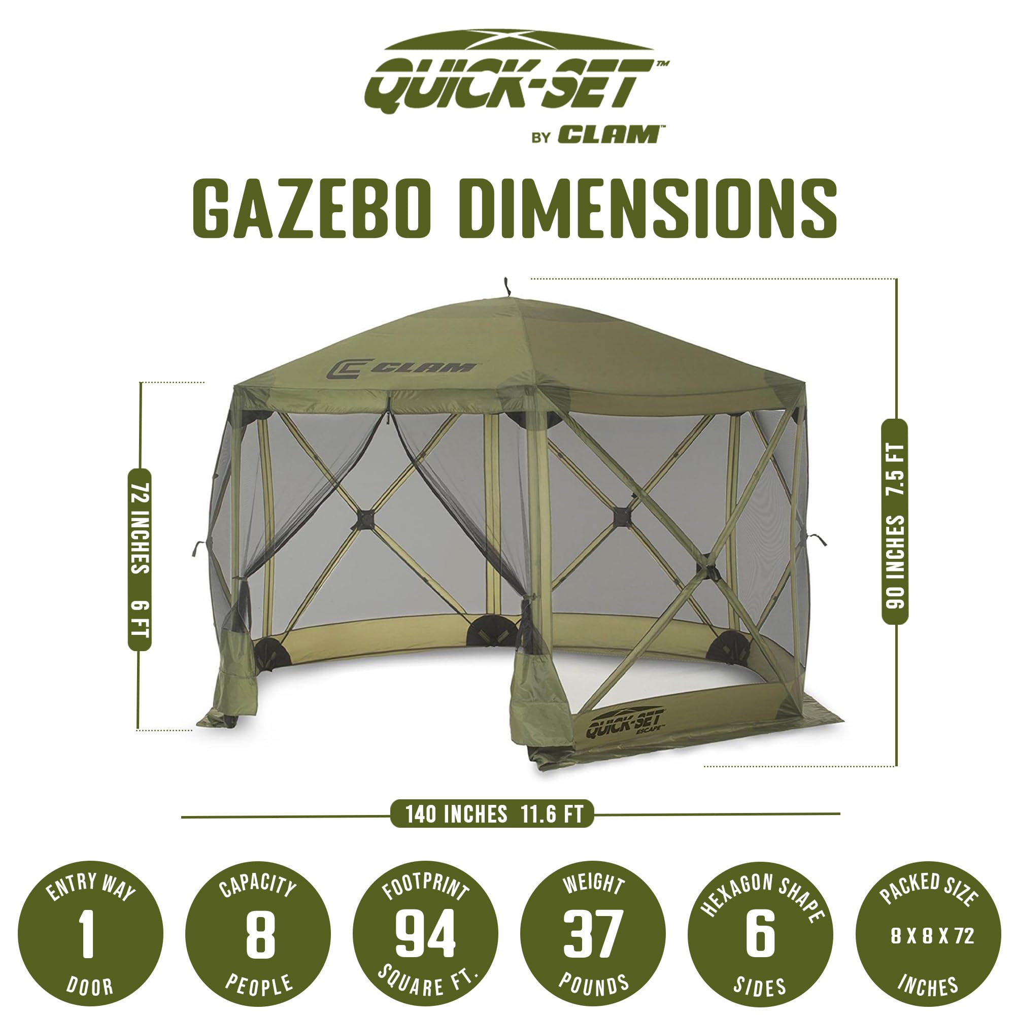 Clam Pop Up Screen Tent, Outdoor Camping Gazebo Canopy, Escape, 11.5', Green - Heavy-Duty Portable Screened Shelter With Netting