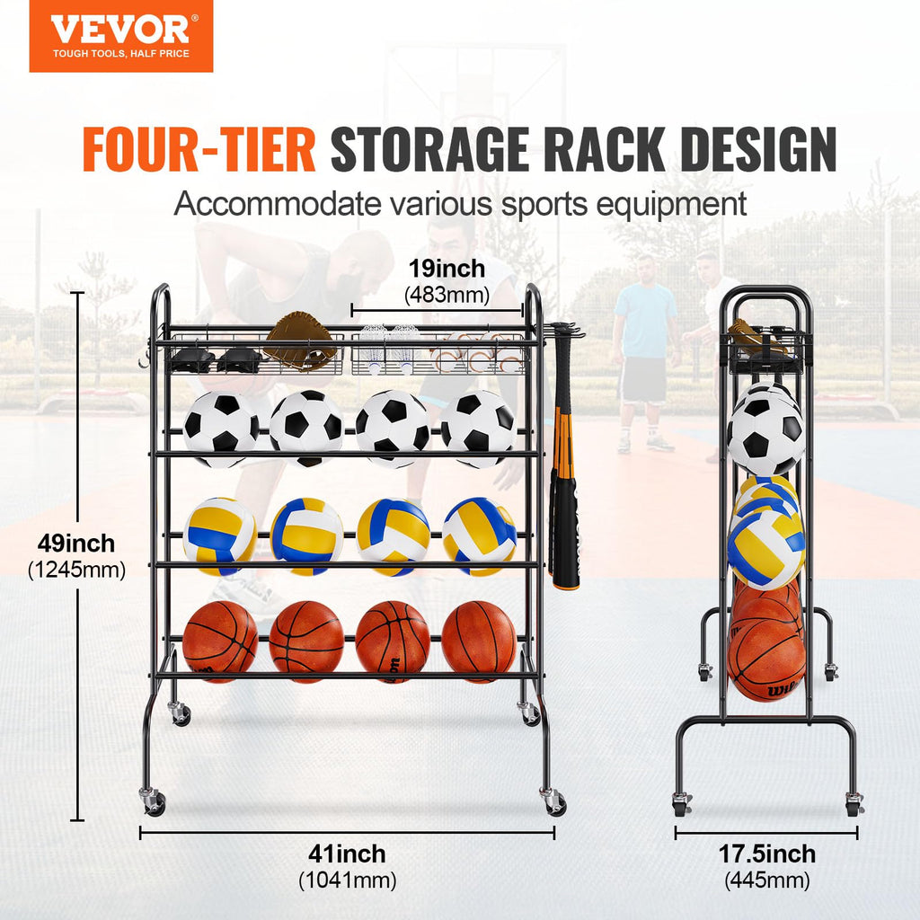 Vevor Basketball Rack, 4-Layers Rolling Basketball Shooting Training Stand, Sports Equipment Storage Organizer With Wheels, Hook