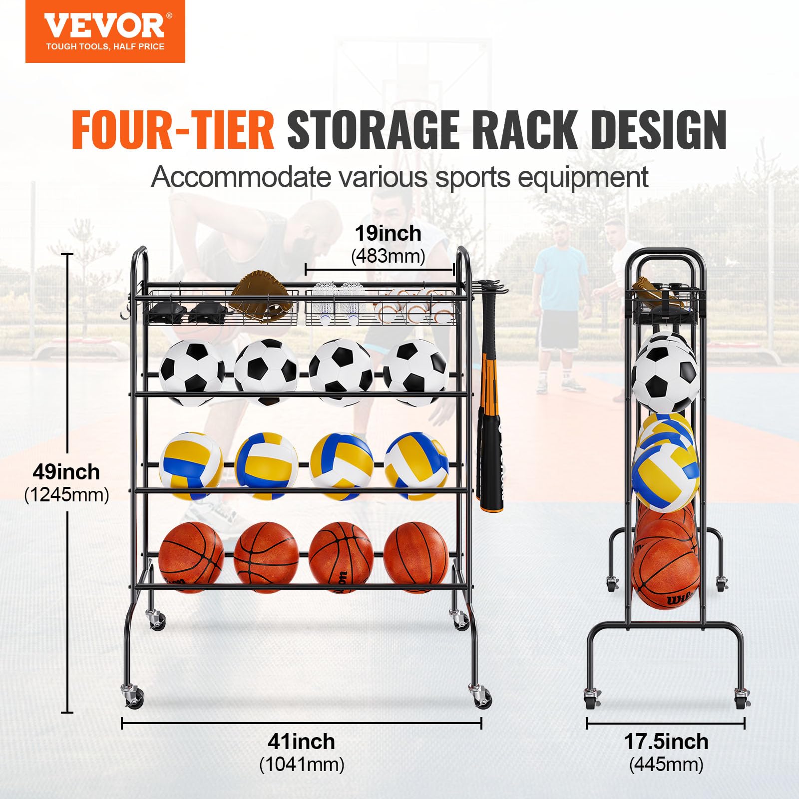 Vevor Basketball Rack, 4-Layers Rolling Basketball Shooting Training Stand, Sports Equipment Storage Organizer With Wheels, Hook