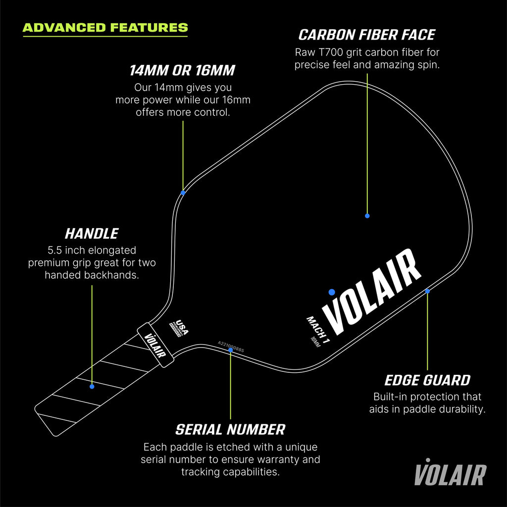 Volair Mach 1 Julian Arnold Signature Pickleball Paddle - Amazing Spin, Control And Power - Carbon Fiber Surface - Polypropylene