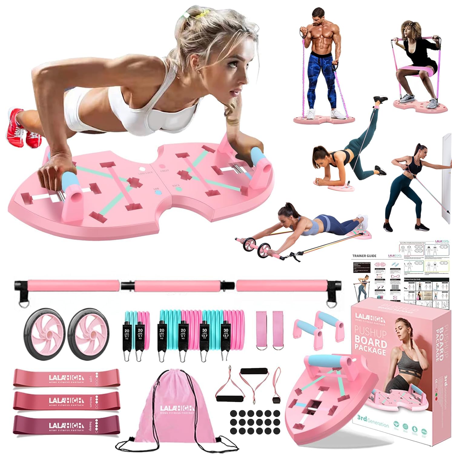 Lalahigh Home Workout Equipment For Women, Multifunction Push Up Board, Portable Home Gym System With Resistance Bands,Ab Roller