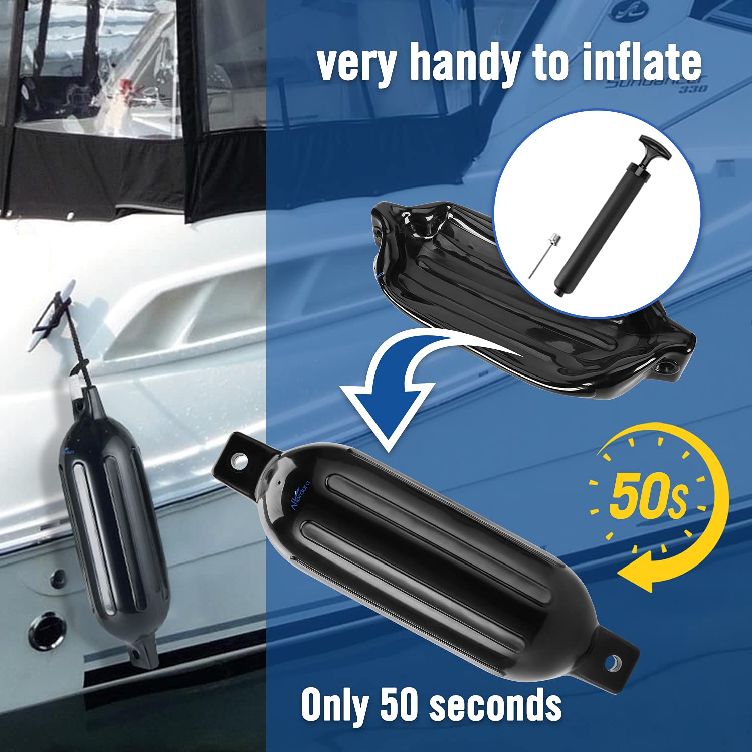 Affordura Boat Fender 4 Pack Boat Bumpers Fenders With 4 Ropes, Boat Bumpers For Pontoon Boat Fenders Inflatable (Black, 6.5 Inc