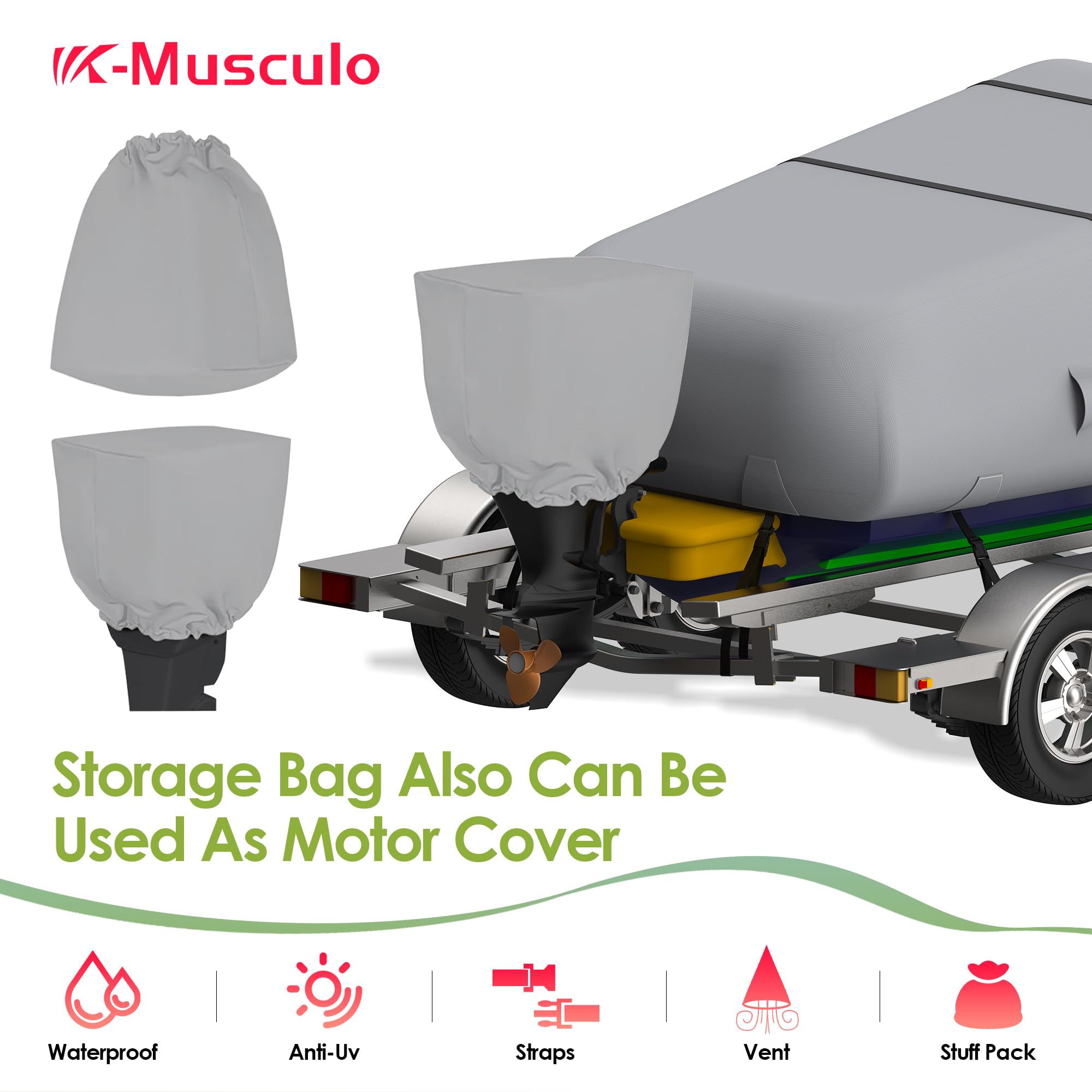 K-Musculo Heavy Duty 800D Waterproof Boat Cover, Tear & Uv Resistant With Motor Cover, Fits V-Hull, Tri-Hull, Runabout (Width 10