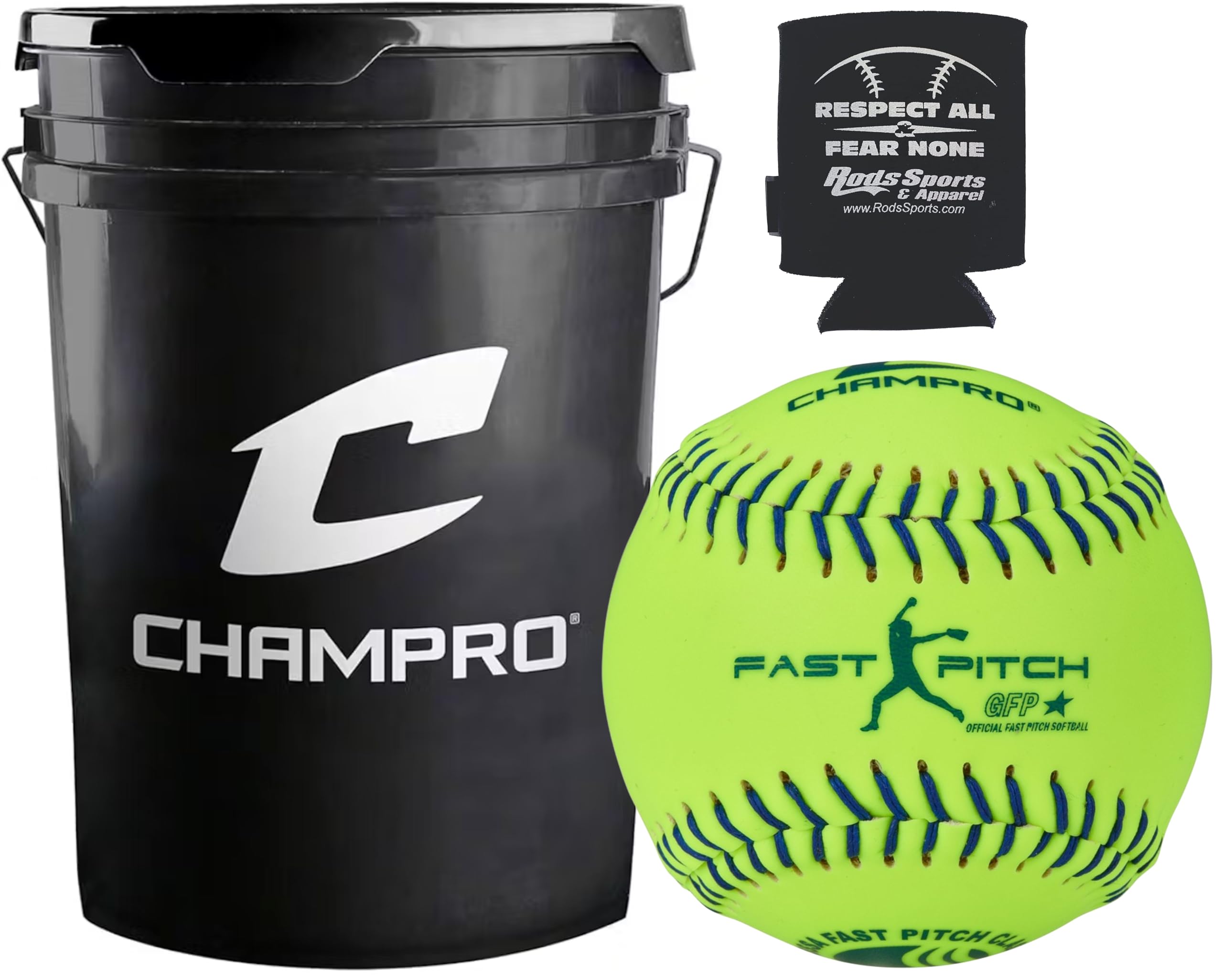 Champro CSB43 Durahide Cover 11 USSSA Game Softballs in a Black Bucket - 18 Balls and one Rods Can Sleeve Included.