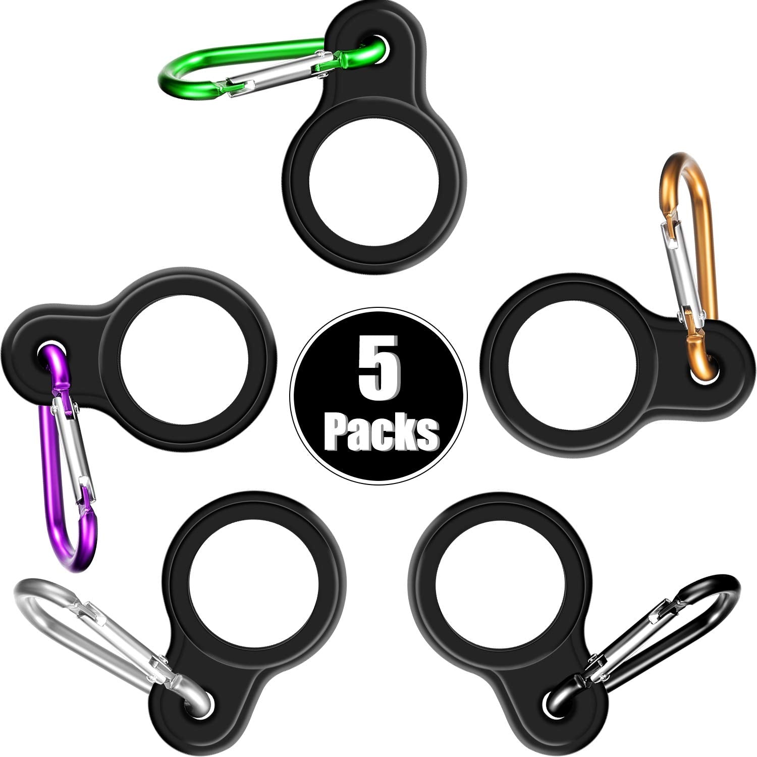 5 Sets Silicone Water Bottle Carrier with 5 Pieces Keychain Clip Key Ring Clip for Outdoor Activities or Daily Use (Black, Silve