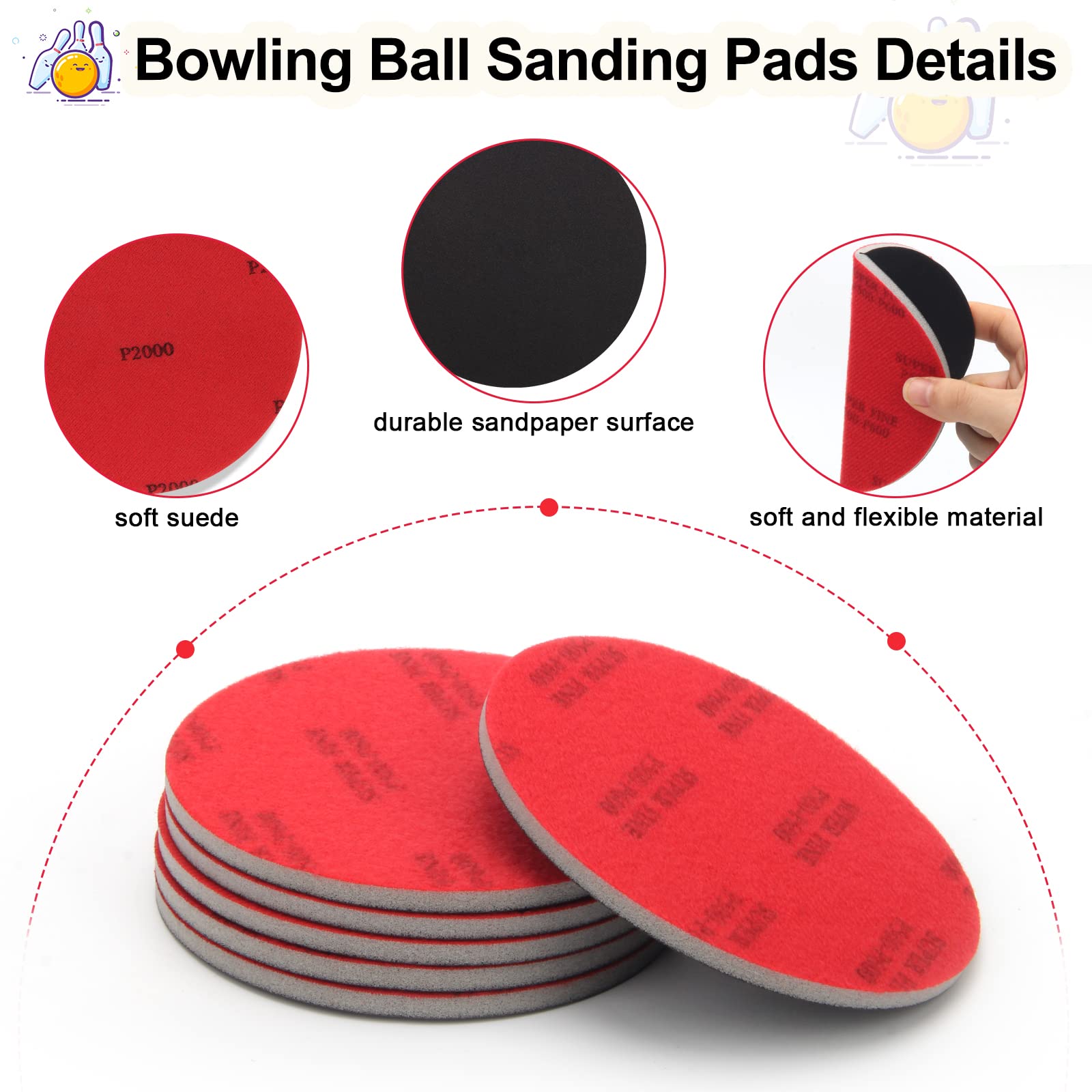 Windspeed 6+1 Pack Bowling Ball Sanding Pads With Bowling Towels, Bowling Ball Cleaning Pad 500/1000/2000 Bowling Ball Grit Pads