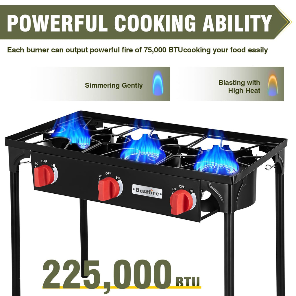 Bestfire 3 Burners Camping Stove For Cooking Outdoor, 225,000 Btu Propane Burners With Ignition Wire&Removable Legs, Temperature