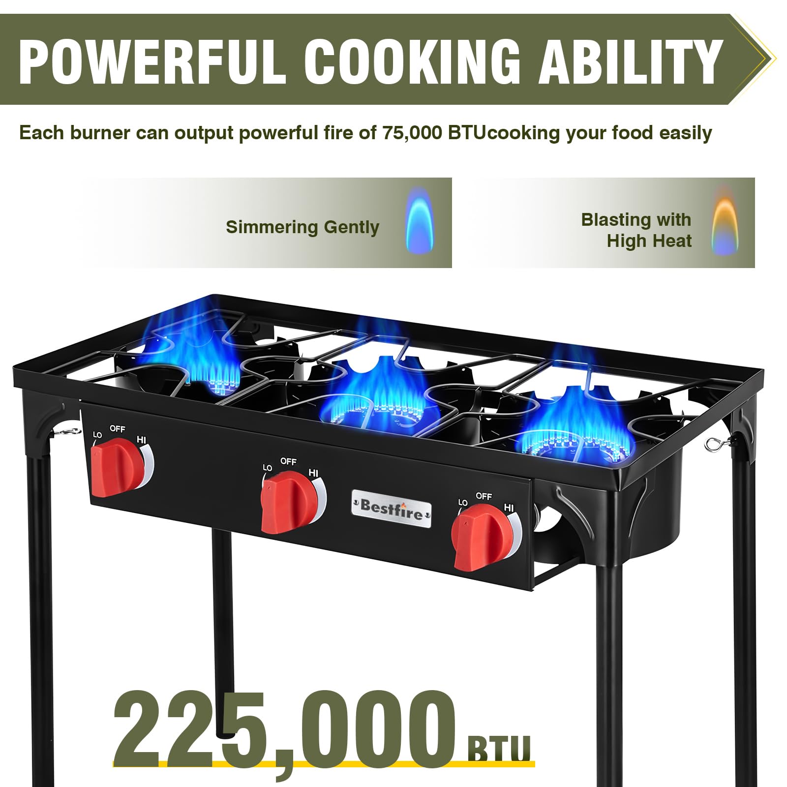Bestfire 3 Burners Camping Stove For Cooking Outdoor, 225,000 Btu Propane Burners With Ignition Wire&Removable Legs, Temperature