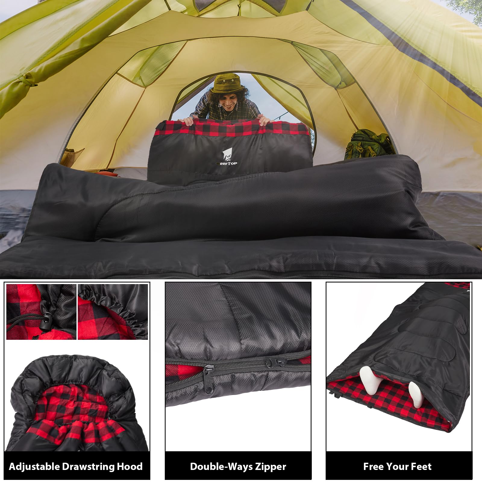 Geertop Adults Sleeping Bag Flanner For Big And Tall People Lightweight Backpacking Sleeping Bag Waterproof 4 Season For Camping