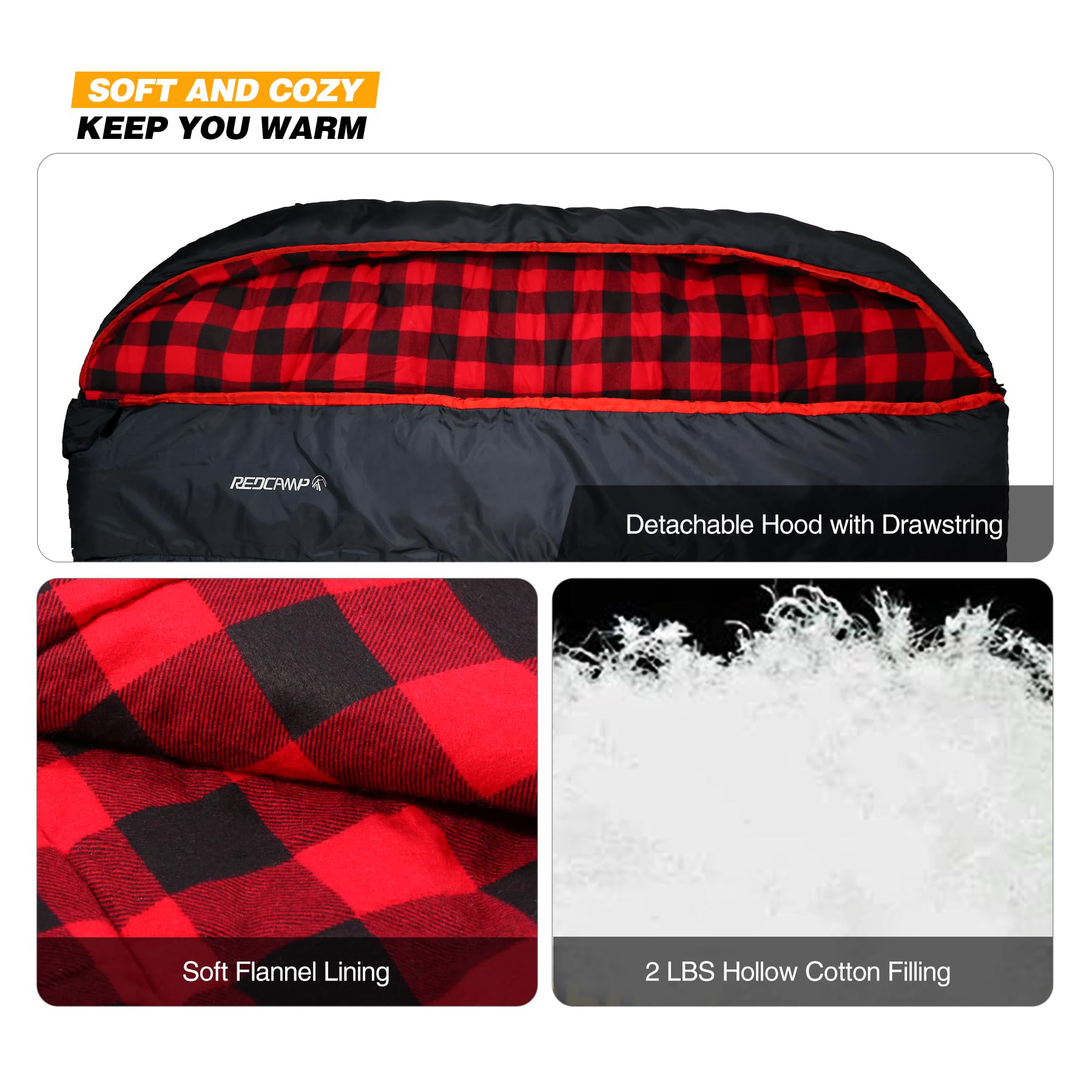 Redcamp Large Cotton Double Sleeping Bag For Adults, 2 Person Cold Weather Warm Queen Size Flannel Sleeping Bags For Camping, Bl