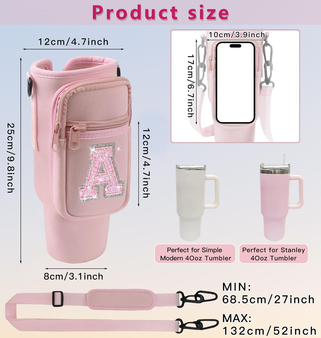 Aganmi Water Bottle Holder Bag With Strap For Stanley 40 Oz Tumbler With Handle,Initial Crossbody Water Bottle Carrier Bag With