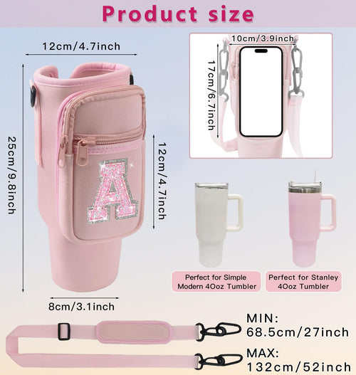 Aganmi Water Bottle Holder Bag With Strap For Stanley 40 Oz Tumbler With Handle,Initial Crossbody Water Bottle Carrier Bag With