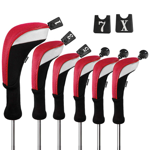 Andux 6Pcs/Set Golf Club Head Covers Long Neck (3Pcs Hybrid Covers + 3Pcs Wood Covers) (Black/Red)