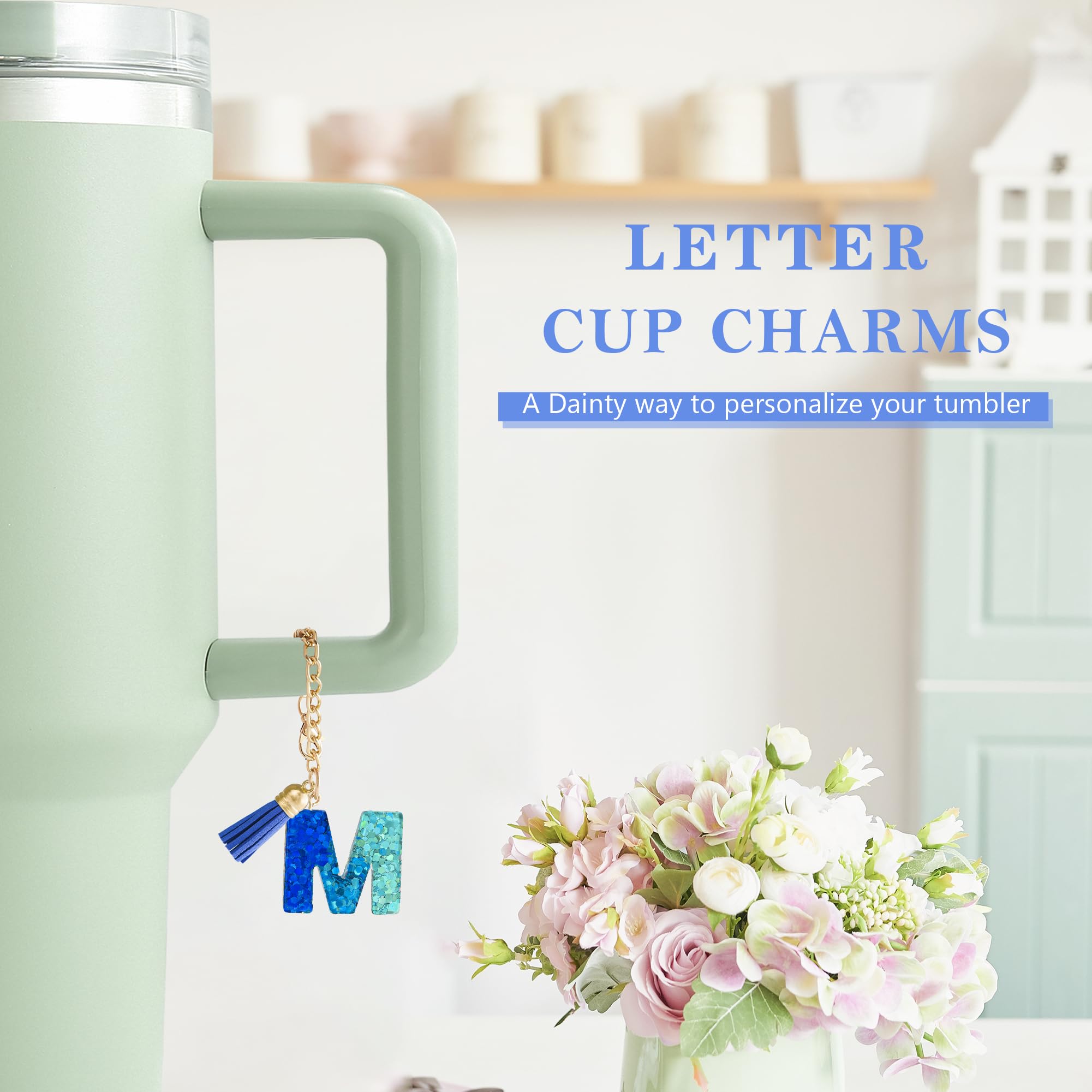 Letter Charm Accessories for Stanley Cup 1 PCS Cute Initial Keychain Handle Charm for Stanley Tumbler for Women Blue Letter M