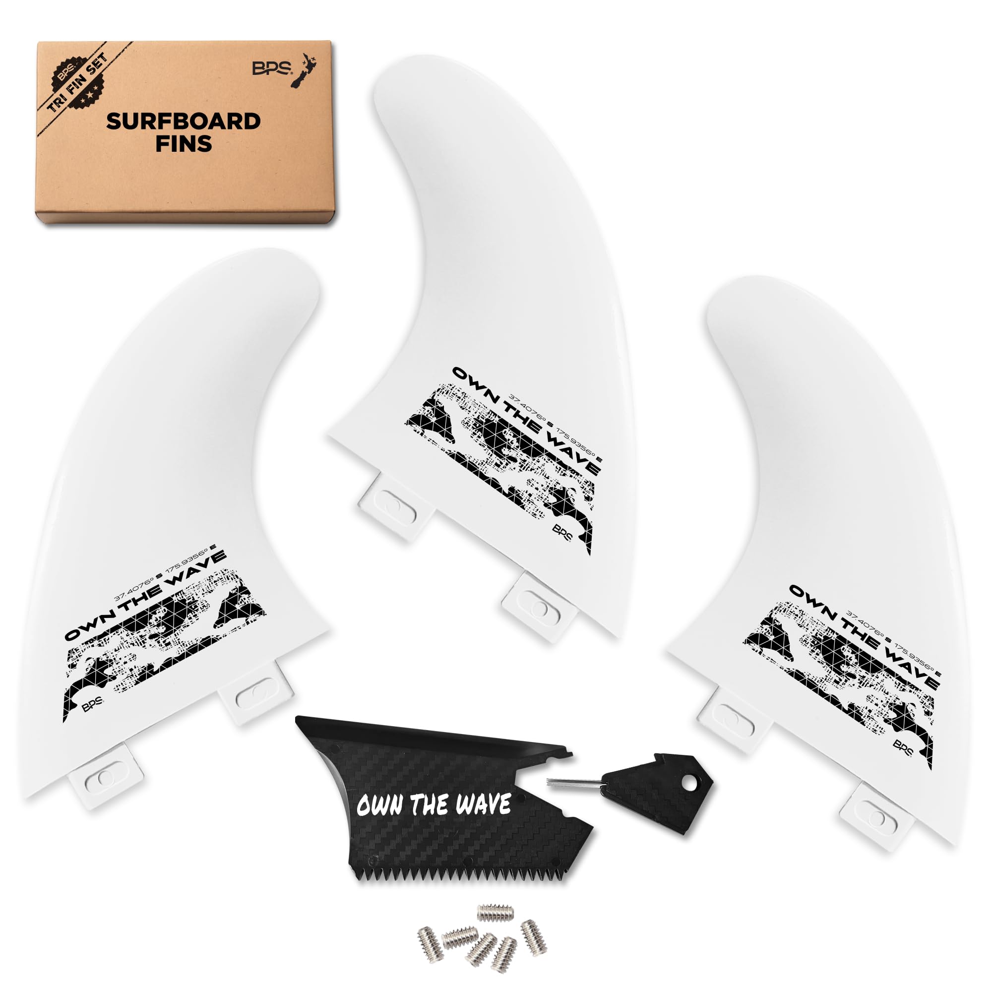 Own The Wave Thruster Fin Set - 3pc Fiberglass Surf Board Fins with FCS G5 M5 Style - Tri-Fin Thruster Set for Surfing (White)