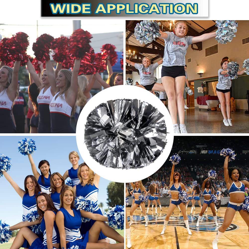 Lovecheer 2Pcs Black And Silver Pom Poms Cheerleading Metallic Cheer Pom Poms With Baton Handle For Sports Team Spirit Party Che