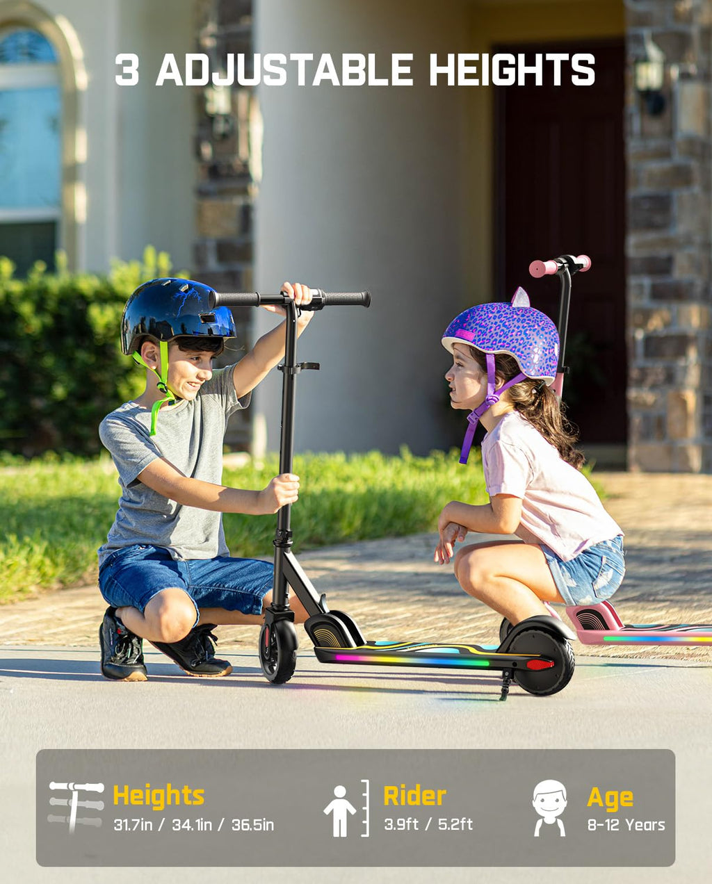 FanttikRide C9 Pro Kids Electric Scooter Ages 8-12, Colorful Rainbow Lights, E-Scooter for Kids 3.9-5.2 ft, 132 lbs, 5 Miles Ran
