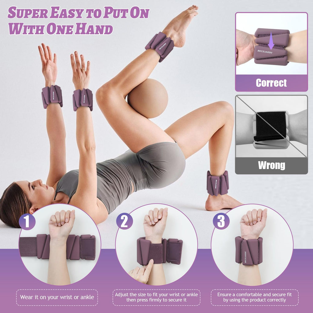BECOJADDE Ankle Weights Set of 2 (2 lb Each) Adjustable Wrist Weights for Women Men Wearable Arm Leg Weight for Pilates, Running