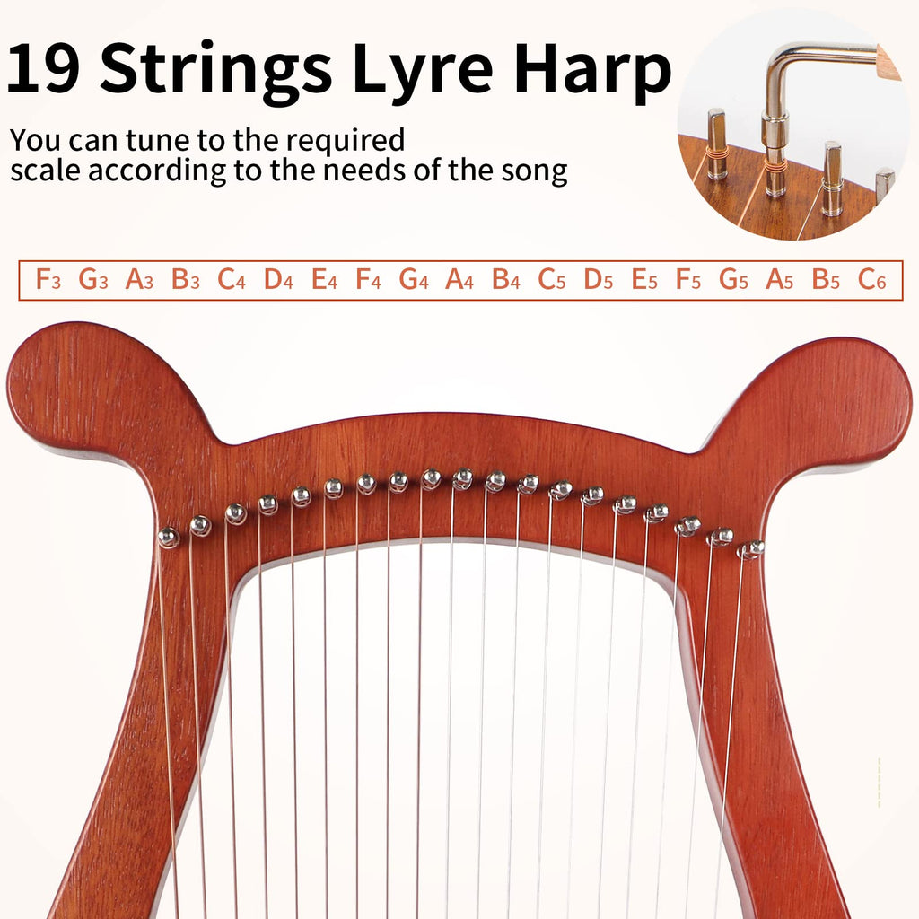Lyre Harp, Lotkey 19 Metal Strings Harp Iron Saddle Solid Spruce Board Lyre Harp With Tunning Wrench, Extract Strings, Manual An