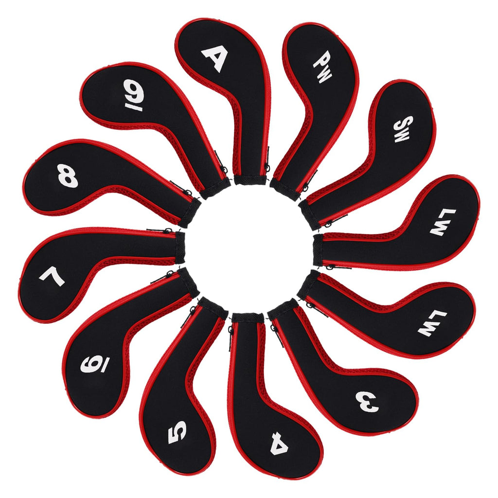 Andux Number Print Golf Iron Club Head Covers Long Neck With Zipper 12Pcs/Set Black/Red