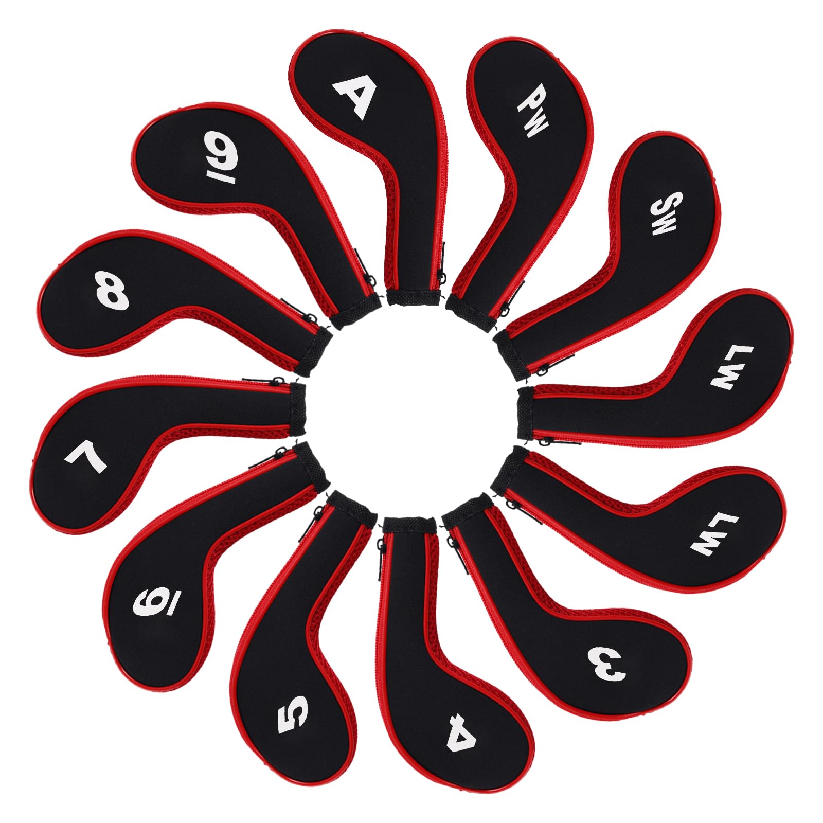Andux Number Print Golf Iron Club Head Covers Long Neck With Zipper 12Pcs/Set Black/Red