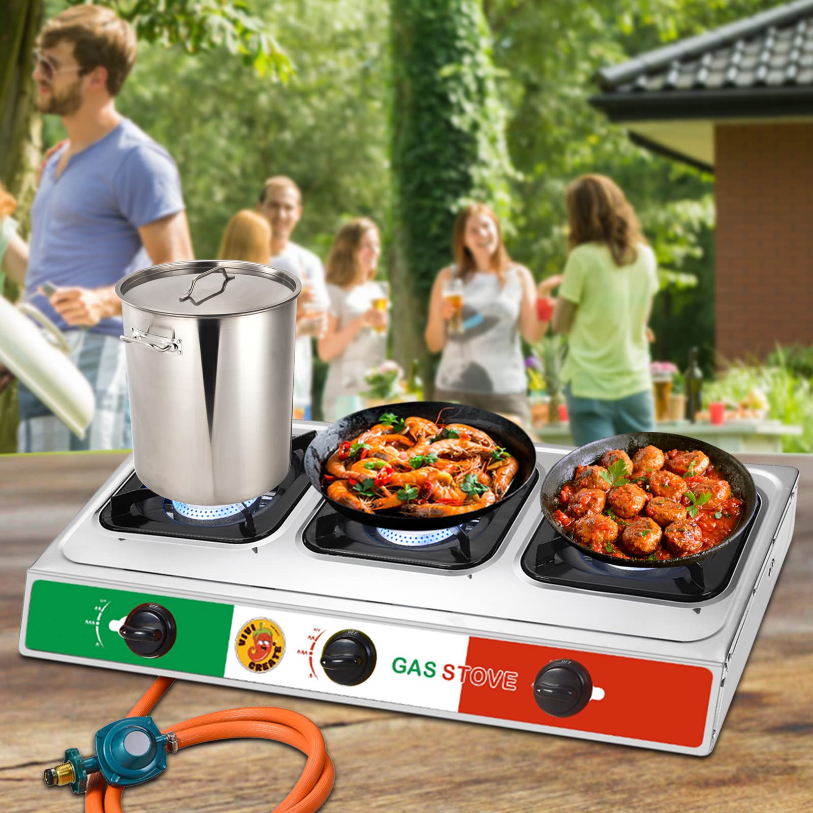 Vivicreate 3 Burner Propane Gas Stove 30000 Btu Stainless Steel Cooktop With Enamel Pan Supports Electronic Ignition For Outdoor