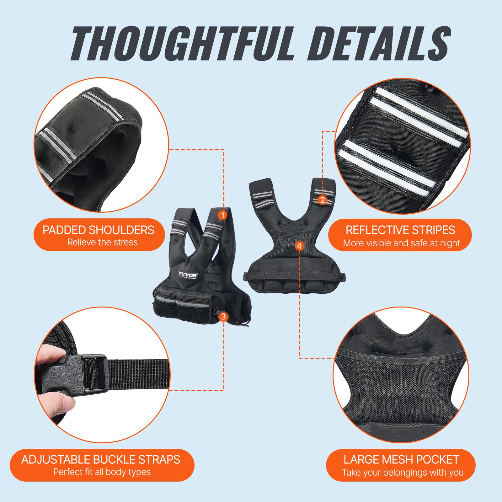 Vevor Adjustable Weighted Vest, 11-20Lb Weight Vest With 6 Ironsand Weights And Reflective Stripe, Body Weight Vest Exercise Set