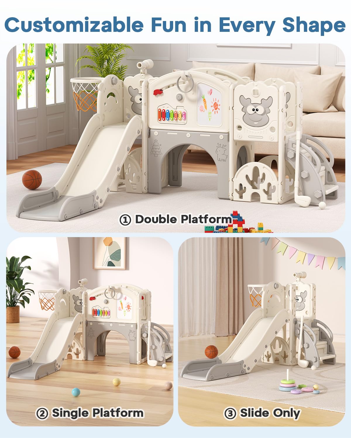 BIERUM Toddler Slide Set with Basketball Hoop, Golf Game & Drawing Board, 13-in-1 Indoor Outdoor Toddler Slides Playground for K