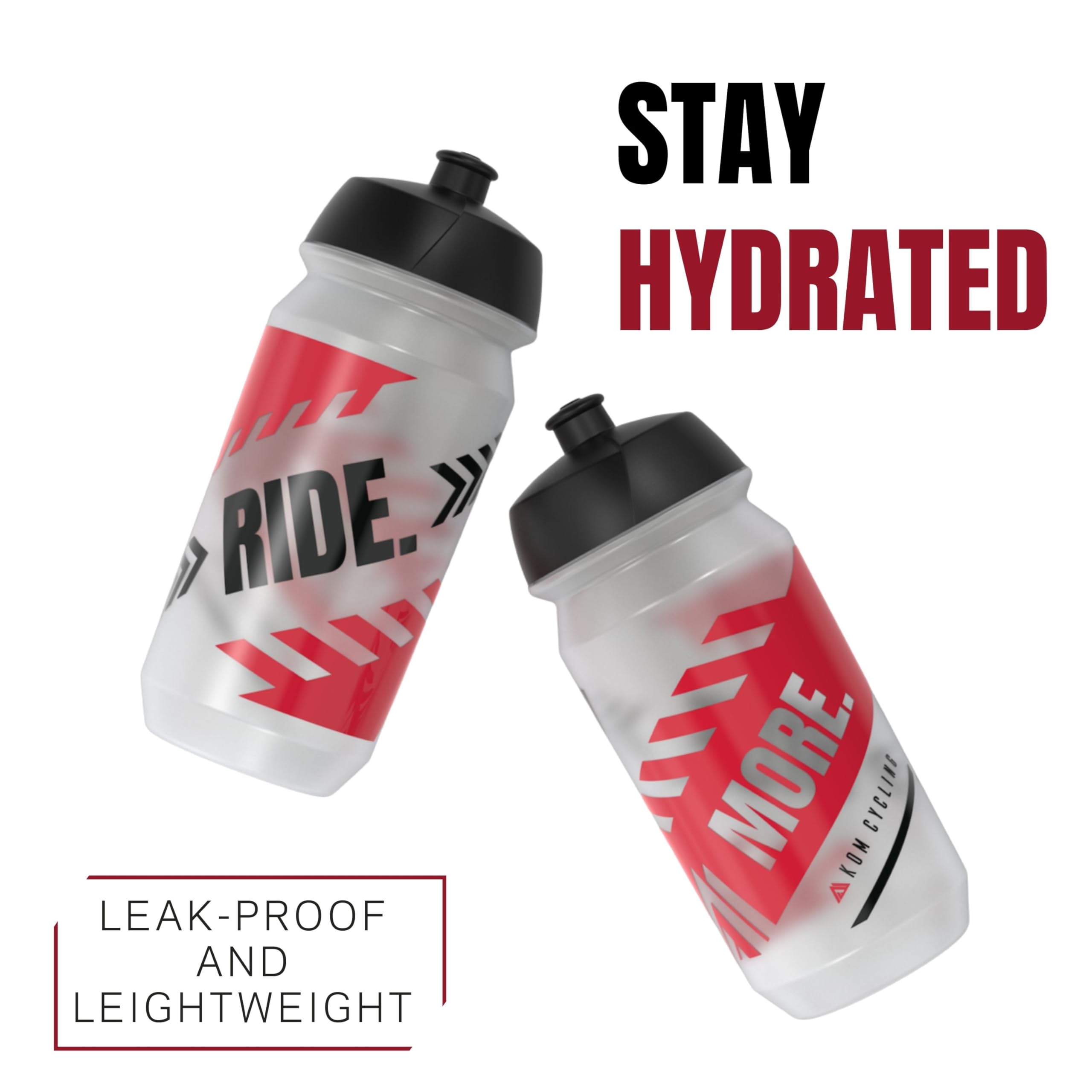 Kom Cycling Water Bottle 2 Pack. Cycling Water Bottle Set To Inspire. Includes 2 Bike Water Bottles That Fit Most Cages And Bott