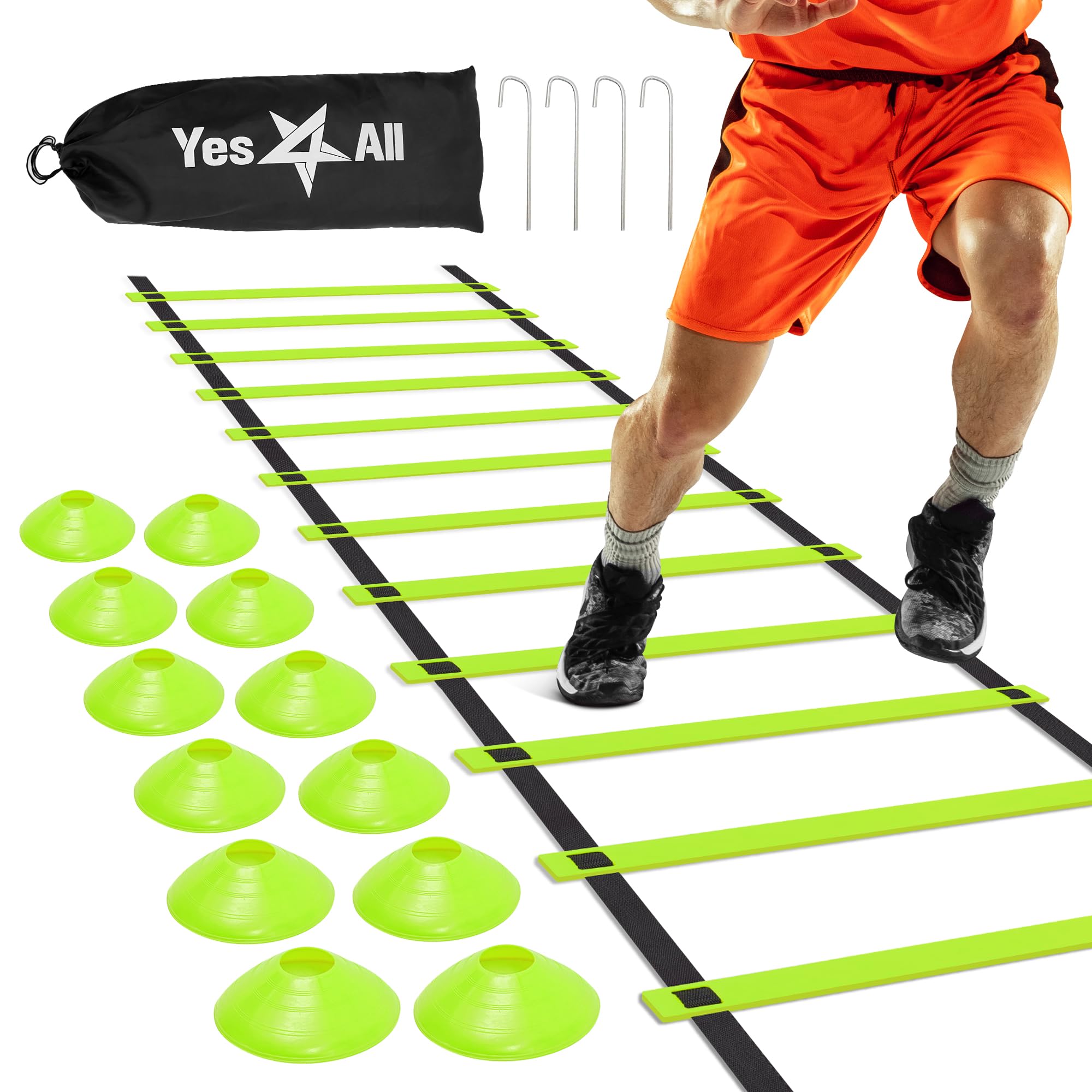 Yes4All Ultimate Combo Agility Ladder Training (Lime) Set - Speed Agility Ladder Lime 12 Adjustable Rungs, 12 Agility Cones & 4 