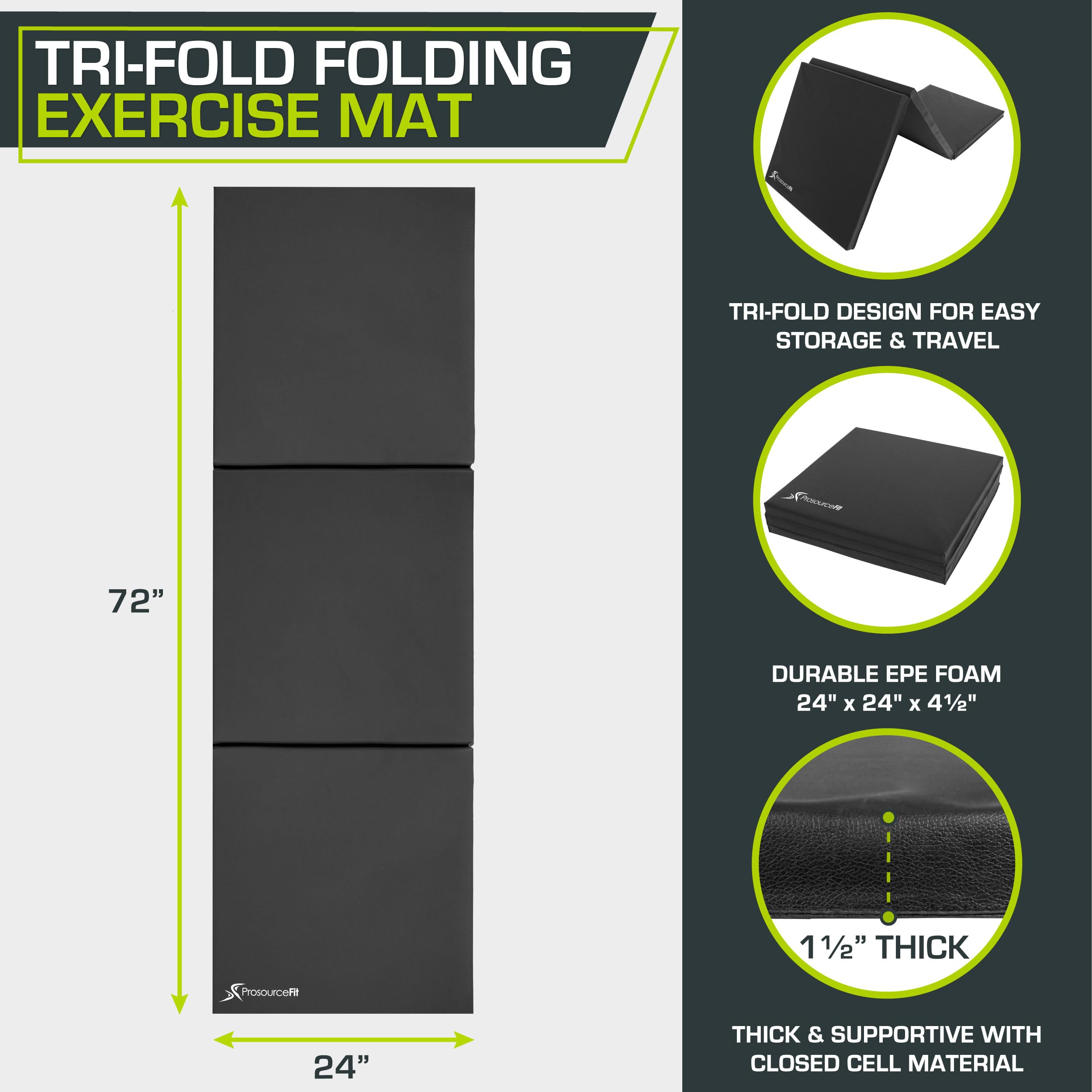 Prosourcefit Tri-Fold Folding Thick Exercise Mat 6X2 With Carrying Handles For Mma, Gymnastics Core Workouts, Black