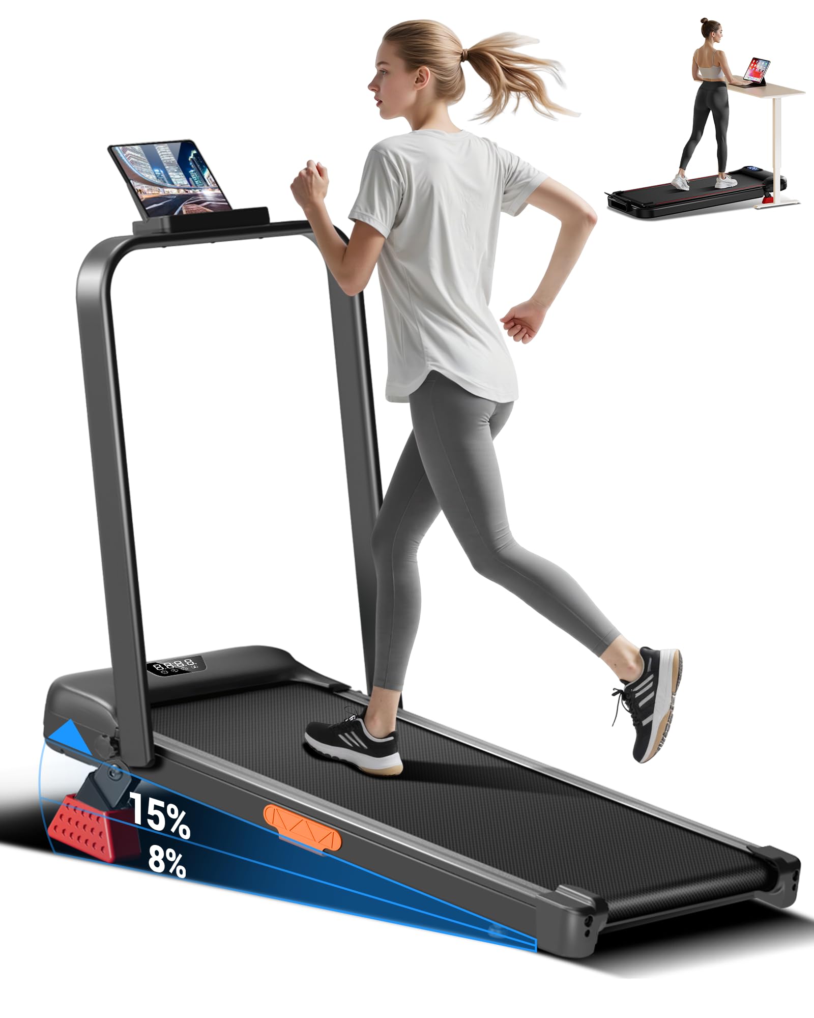 CURSOR FITNESS Walking Pad with 15% Incline 0.6-7MPH Quiet Foldable Treadmill for Home Office Under Desk 2.5HP Walking Treadmill