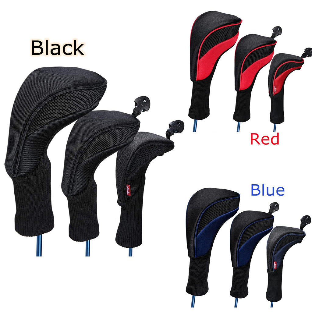 Black Golf Club Head Cover For Driver Fairway 3 Pcs Woods Headcovers, Golf Accessories Hybrid Head Covers Set With Interchangeab