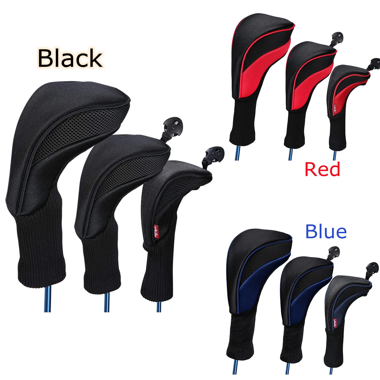 Black Golf Club Head Cover For Driver Fairway 3 Pcs Woods Headcovers, Golf Accessories Hybrid Head Covers Set With Interchangeab