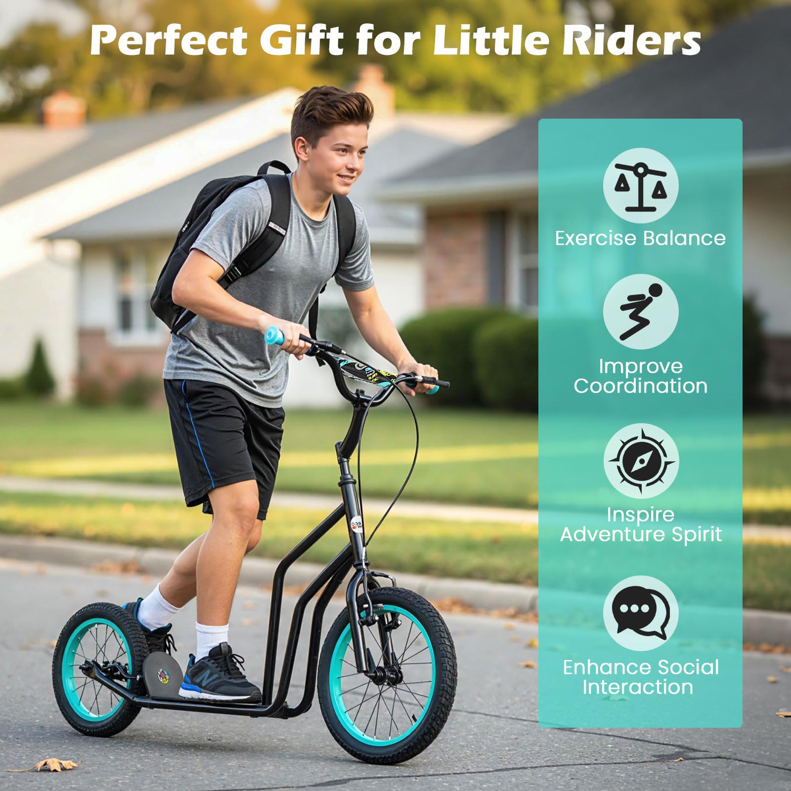 GYMAX Youth Scooter, Height Adjustable Kick Scooters with Extra Large Inflatable 16    Front & 14    Rear Wheels, Dual Hand Brak