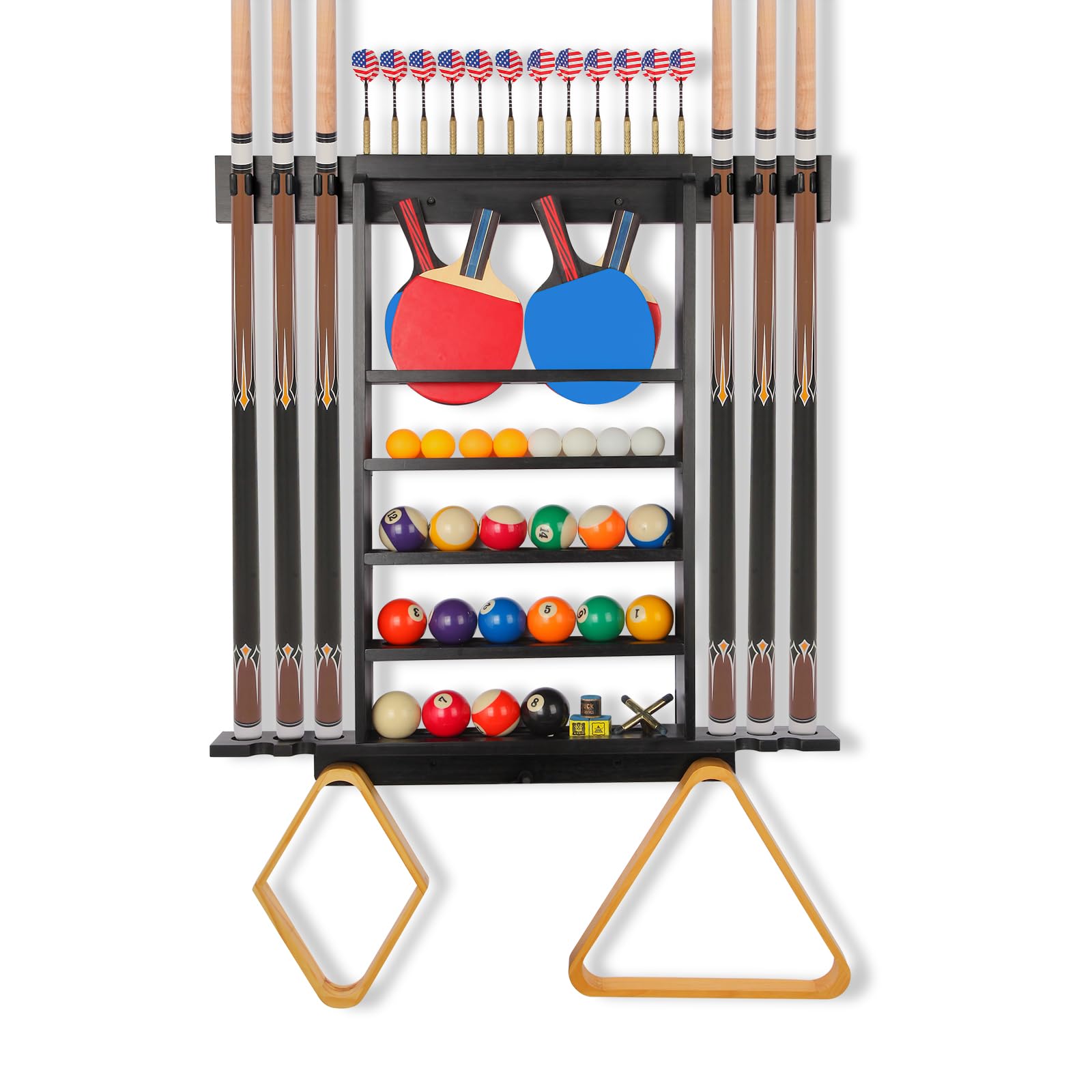 Onemacc Pool Stick Holder Wall Mount, Pool Cue Rack, Ping Pong Paddle Holder, Dart Holder 3-IN-1,100% Solid Wood Billiard Cue Ra