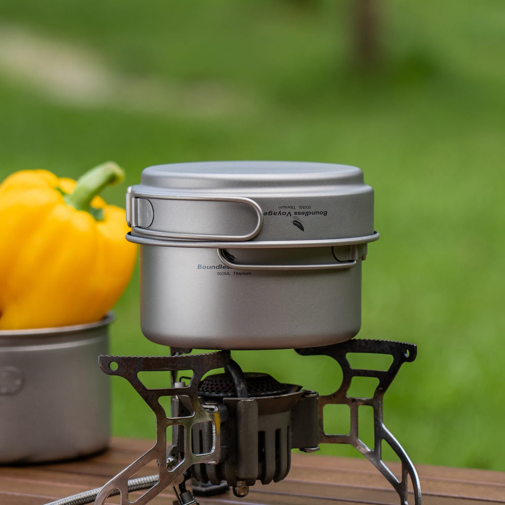 Usharedo Camping Pot Bowl Frying Pan Mess Kit Titanium Pot Pan Set With Folding Handle Outdoor Cookware Ti1585B