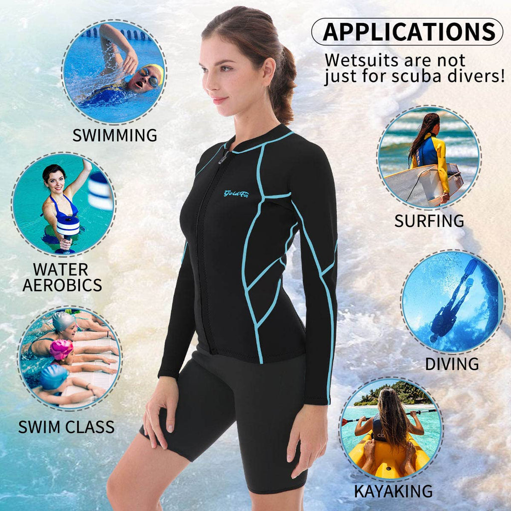 Goldfin Womens Wetsuit Top, 2Mm Neoprene Wetsuit Jacket Ladies Long Sleeve For Water Aerobics Diving Surfing Kayaking (Update Bl