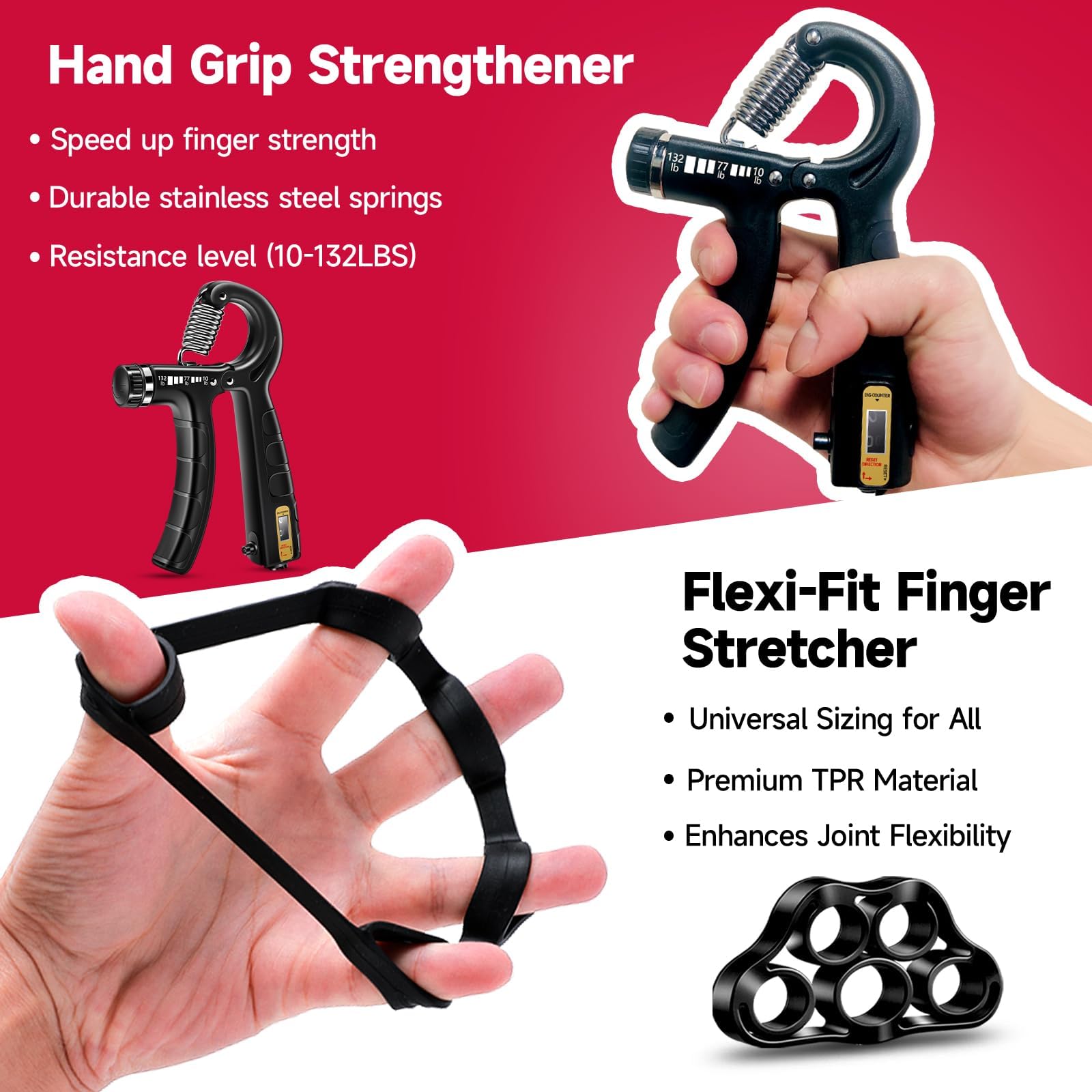 Fitbeast Hand Grip Strengthener Workout Kit (5 Pack), 2 Forearm Grip Adjustable Resistance Hand Gripper, Finger Stretcher, Grip