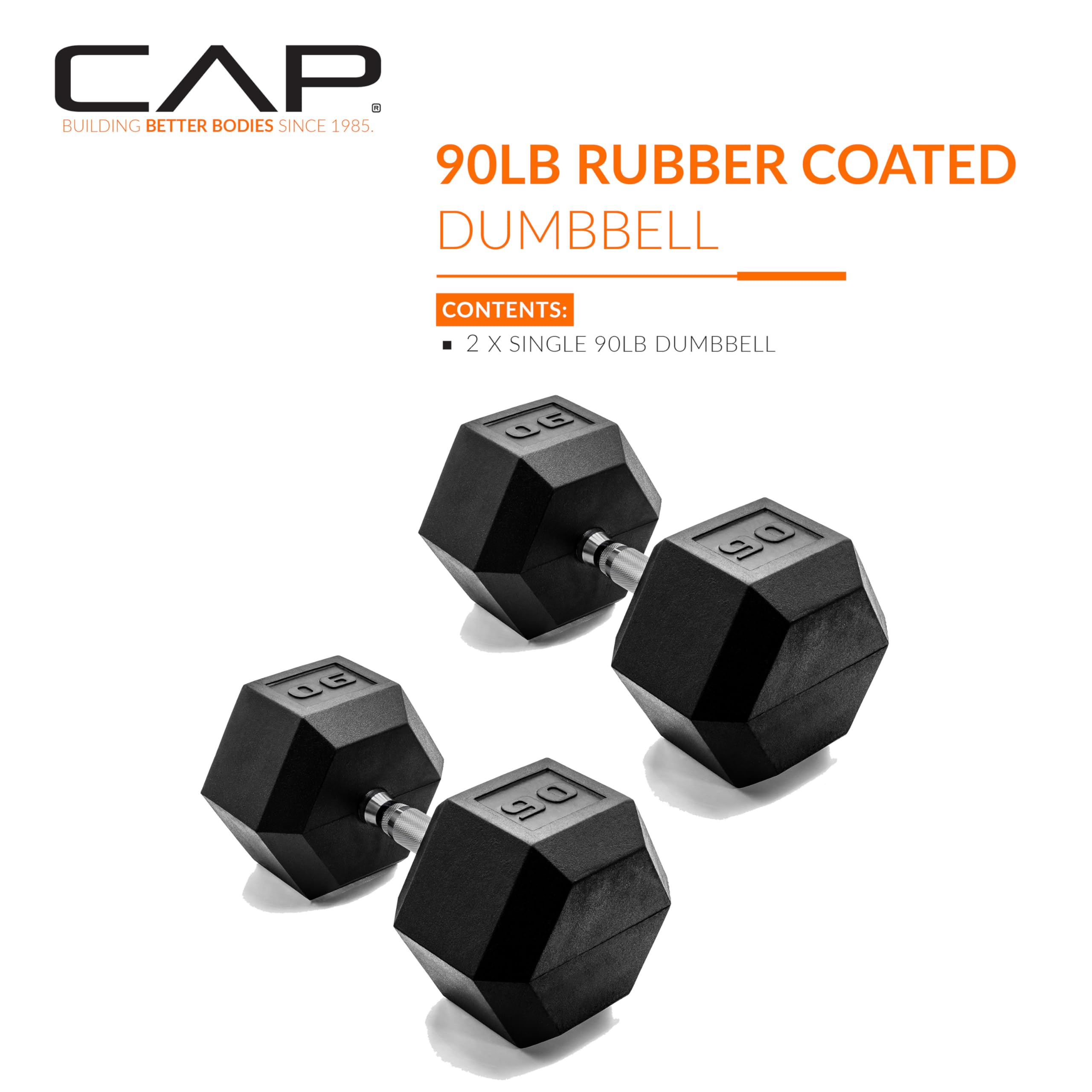 CAP Barbell 90 LB Rubber Coated Hex Dumbbell Hand Weight - Pair | Chrome Handle