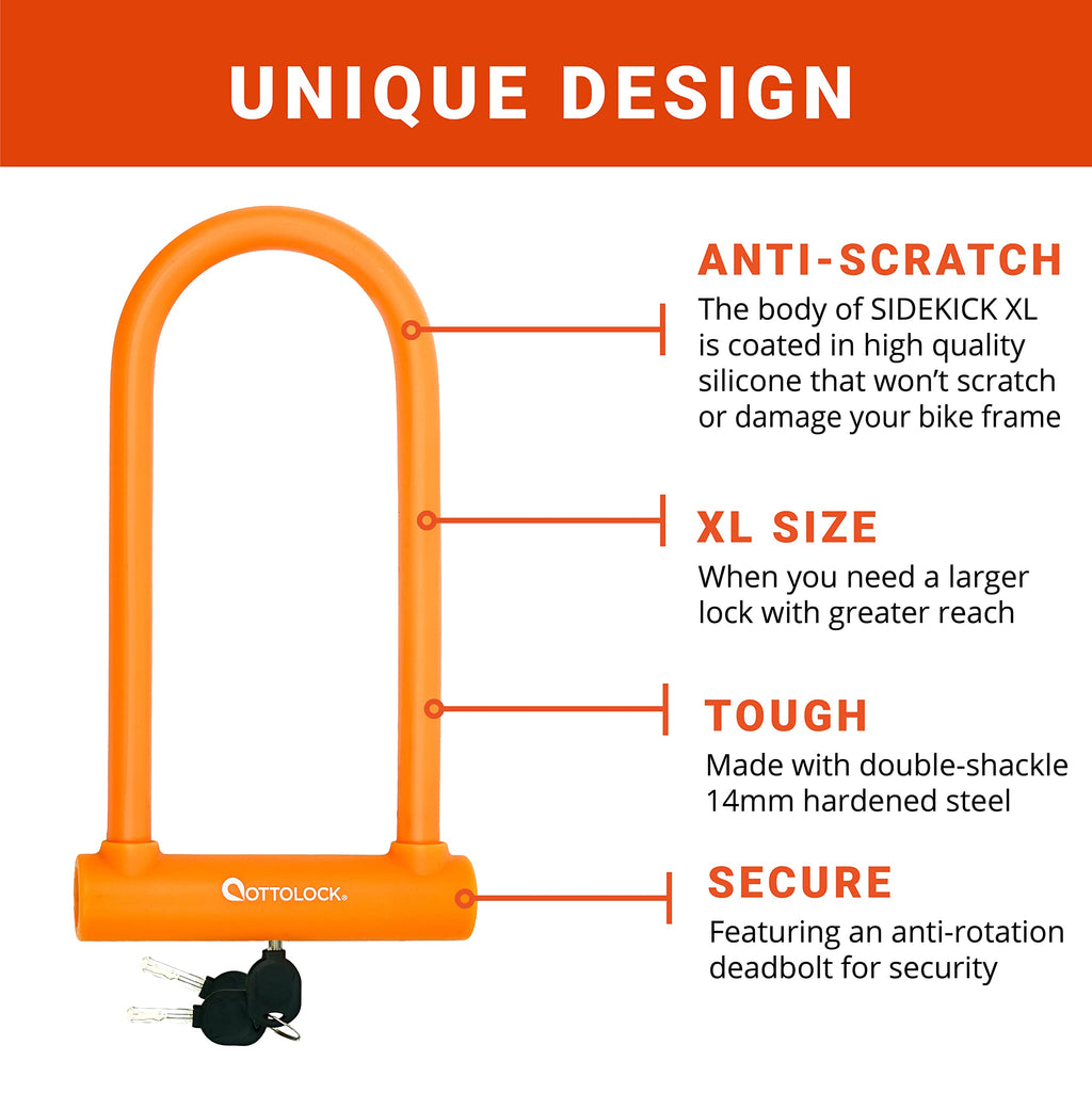 Ottolock Sidekick Xl Full-Size U-Lock | Lightweight Silicone-Coated Bike Lock, Orange