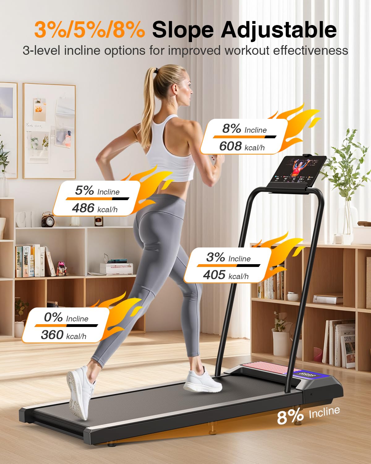 Rjop Walking Pad Treadmill Small With 8% Adjustable Incline And Removable Handle Bar, Compact Under Desk Treadmills For Home Sma