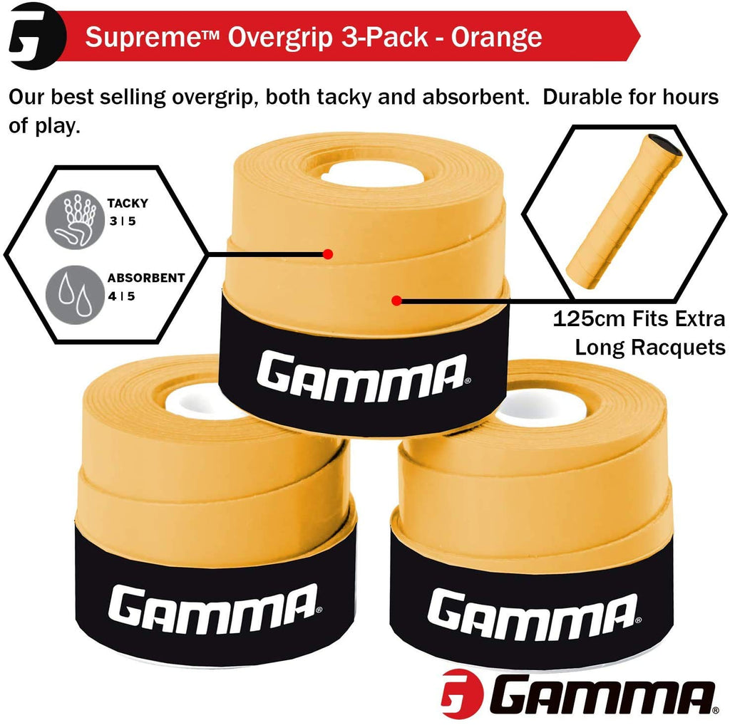 Gamma Sports Supreme Overgrip For Tennis, Pickleball, Squash, Badminton, And Racquetball Racquets, 3-Pack, Orange