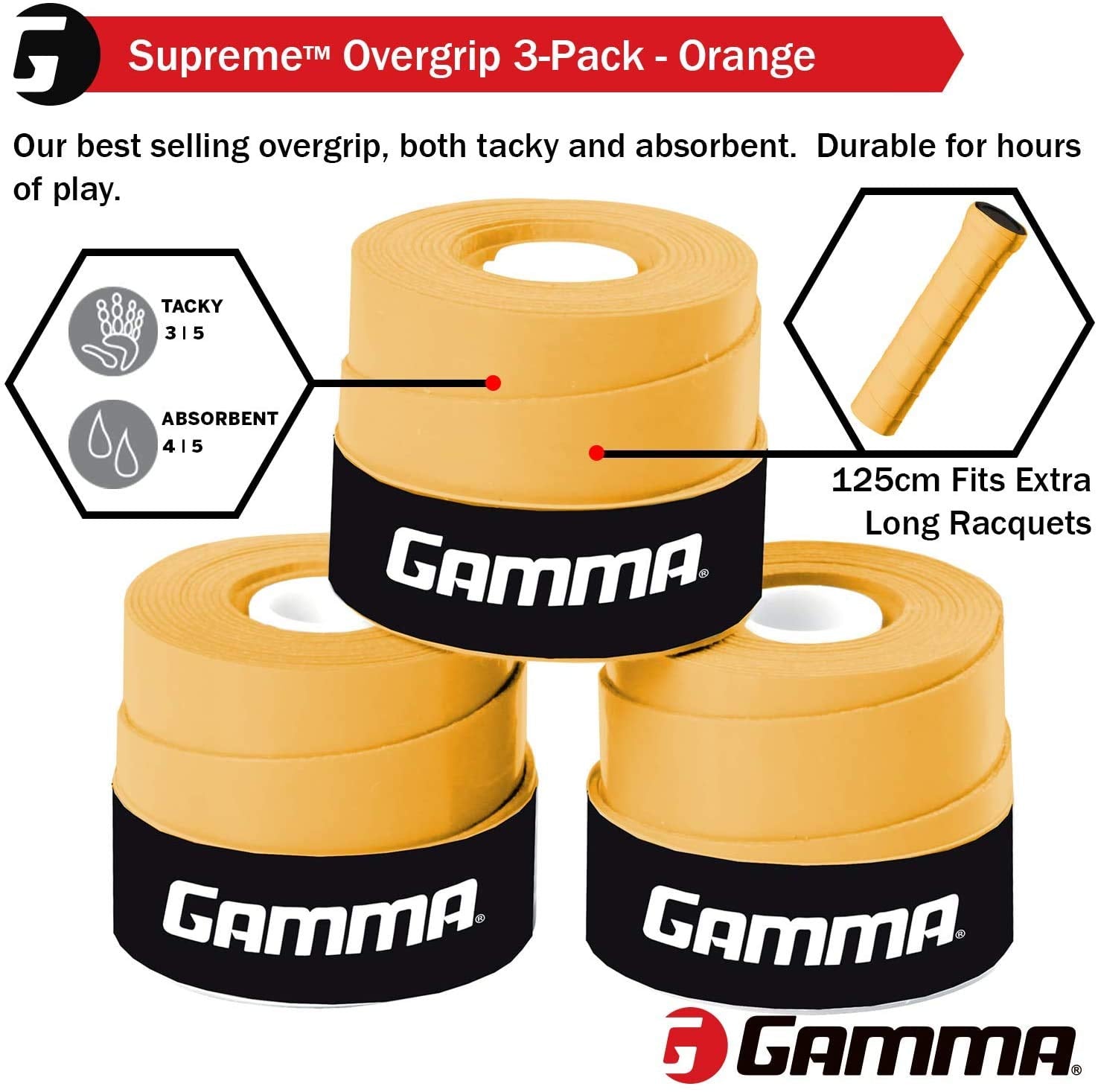 Gamma Sports Supreme Overgrip For Tennis, Pickleball, Squash, Badminton, And Racquetball Racquets, 3-Pack, Orange