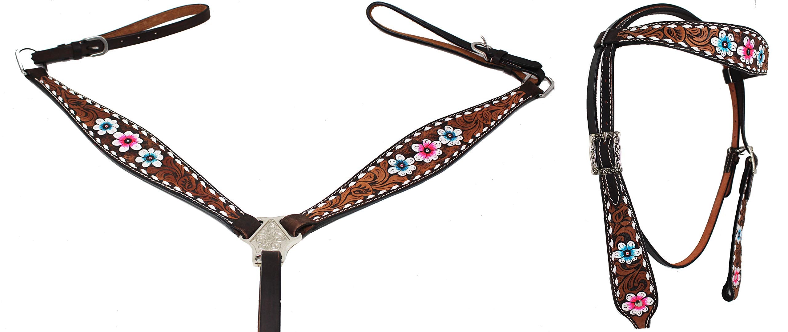 Challenger Horse Western Floral Tooled Browband Bridle & Breast Collar Tack Set 78Hr37B