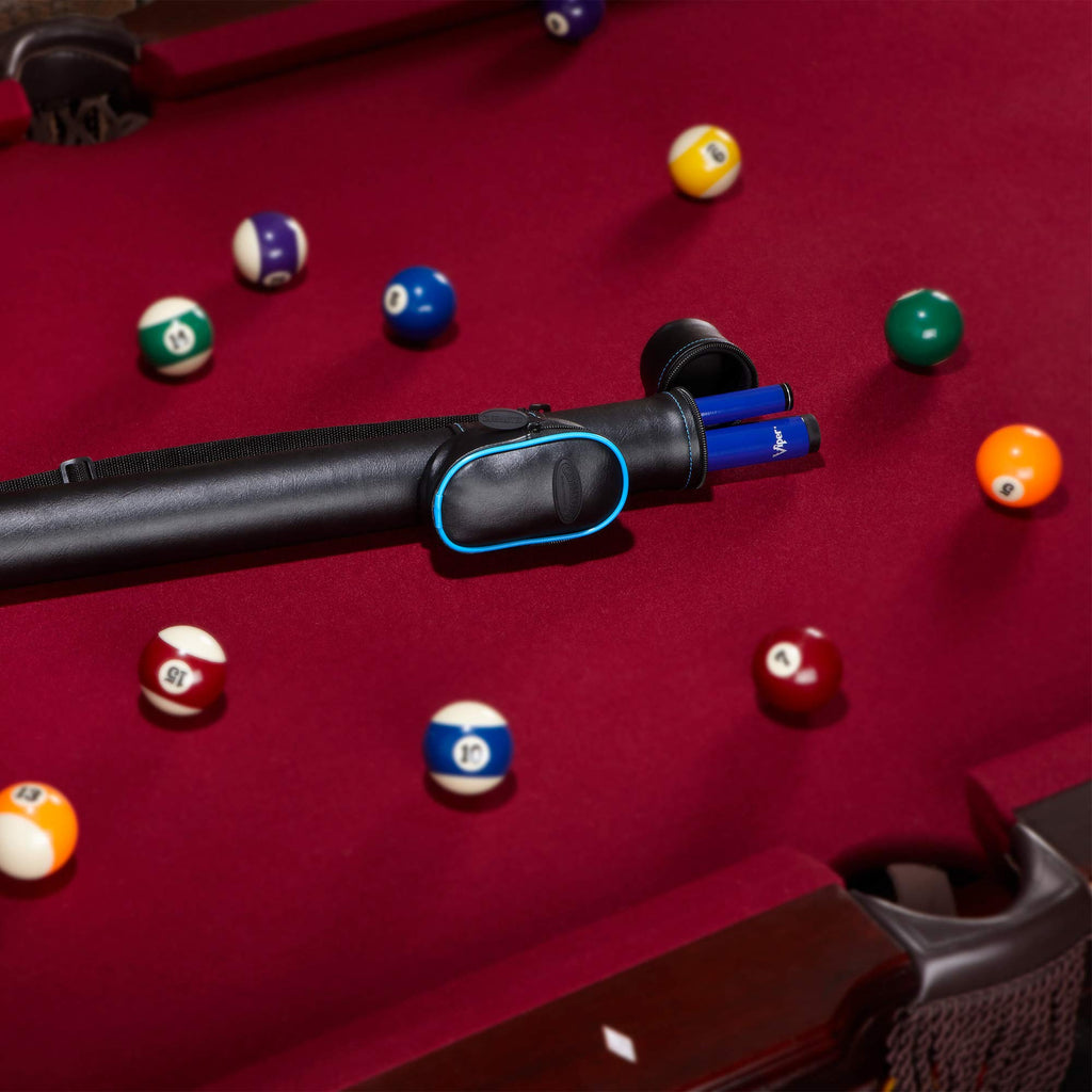 Casemaster Q-Vault Supreme Billiard/Pool Cue Hard Case, Holds 1 Complete 2-Piece Cue (1 Butt/1 Shaft), Black With Blue Trim