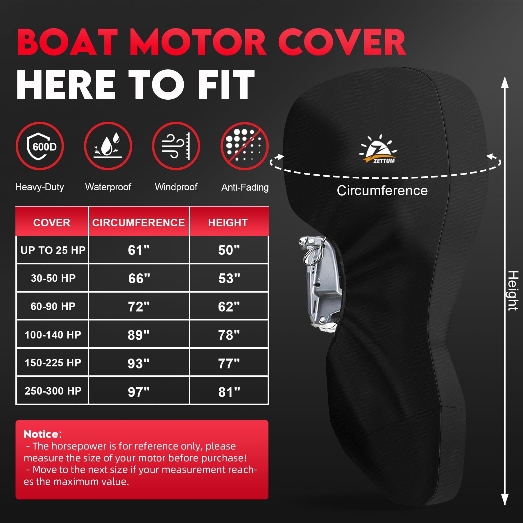Zettum Outboard Motor Cover, 600D Full Boat Motor Cover Waterproof & Heavy Duty, Fade-Resistant Boat Engine Cover, Fit For Motor