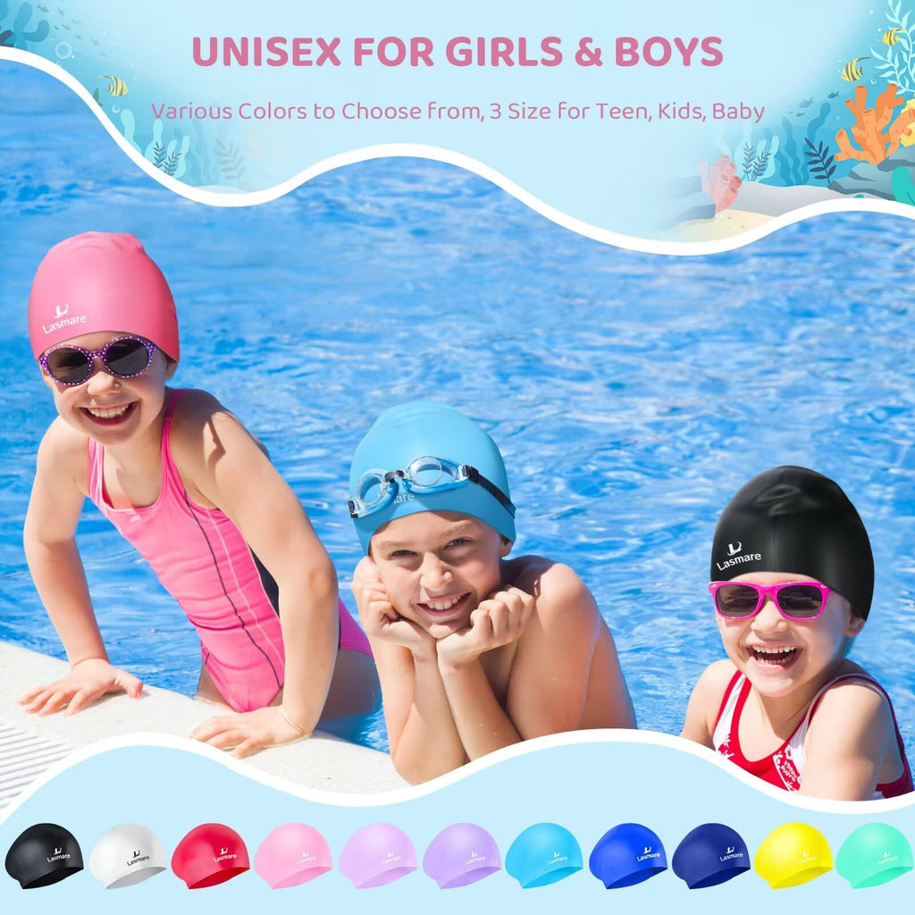 Kids Long Hair Swim Cap For Girls Boys, 3 Size Silicone Swimming Cap For Age 1-15 Toddler Children Teens, Waterproof Swim Hats B