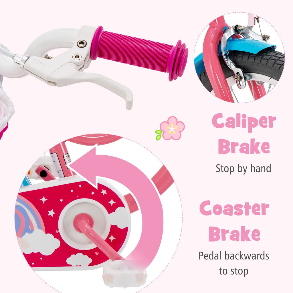Baby Joy Kids Bike, 14 Inch Kids Bicycle W/Training Wheels, Adjustable Seat Handlebar Height, Storage Basket, Doll Seat, Handbra