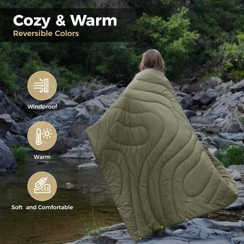 Kingcamp Ultralight Camping Blanket, Packable Down Alternative Puffy Wearable Blankets Weatherproof Warm Package Quilt With Snap